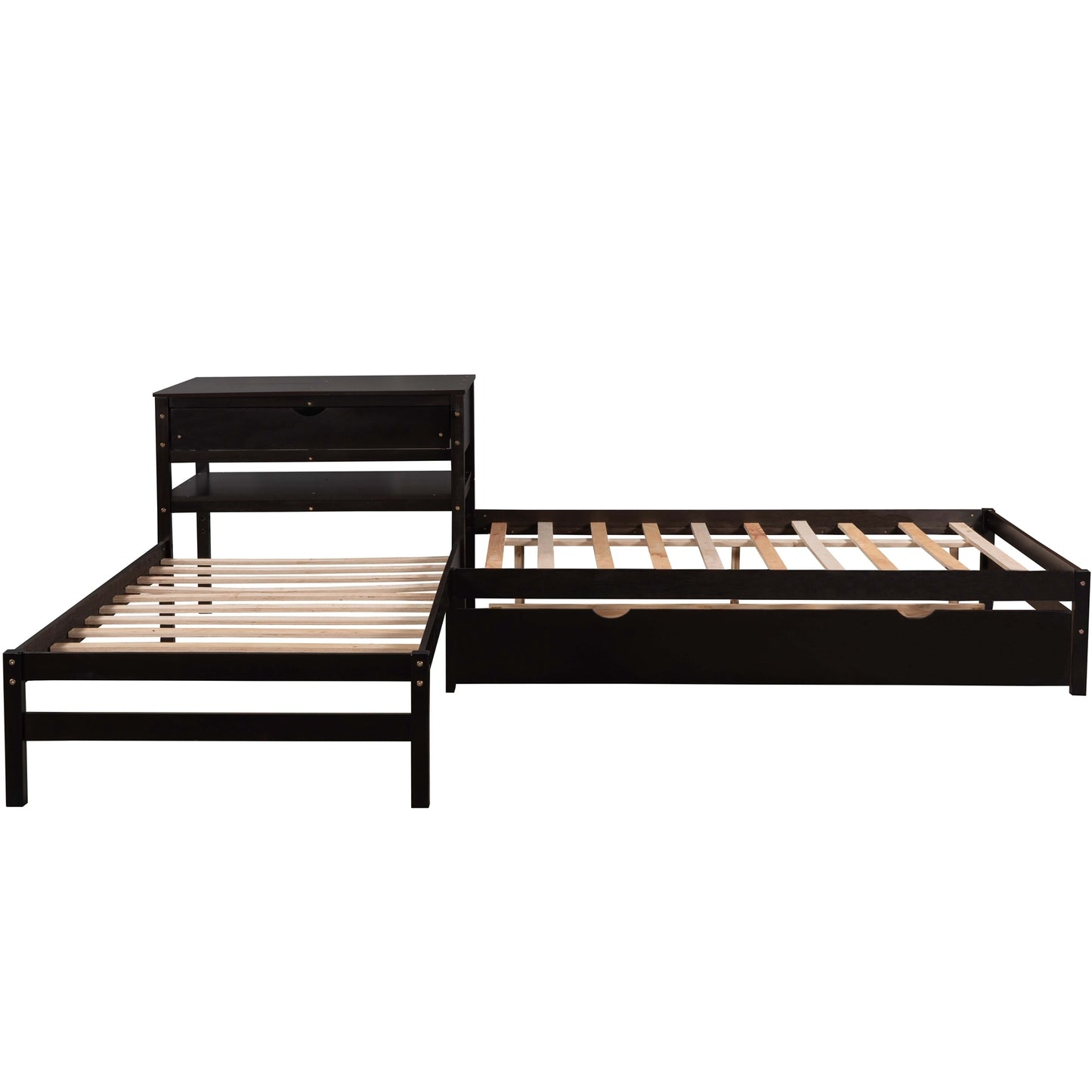 L-Shaped Full Size and Twin Size Platform Beds with Twin Size Trundle and Drawer Linked with Built-in Rectangle Table,Espresso