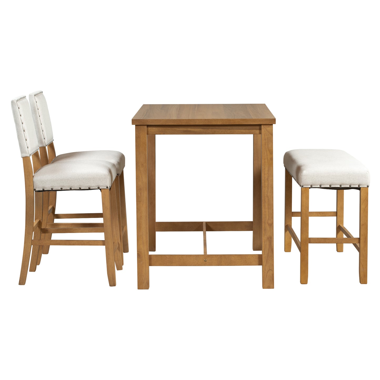 TOPMAX 4 Piece Rustic Wooden Counter Height Dining Table Set with Upholstered Bench for Small Places, Natural+Beige