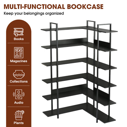 74.8 Inch Bookshelf L-shape MDF Boards Stainless Steel Frame Corner 6-tier Shelves Adjustable Foot Pads, Black