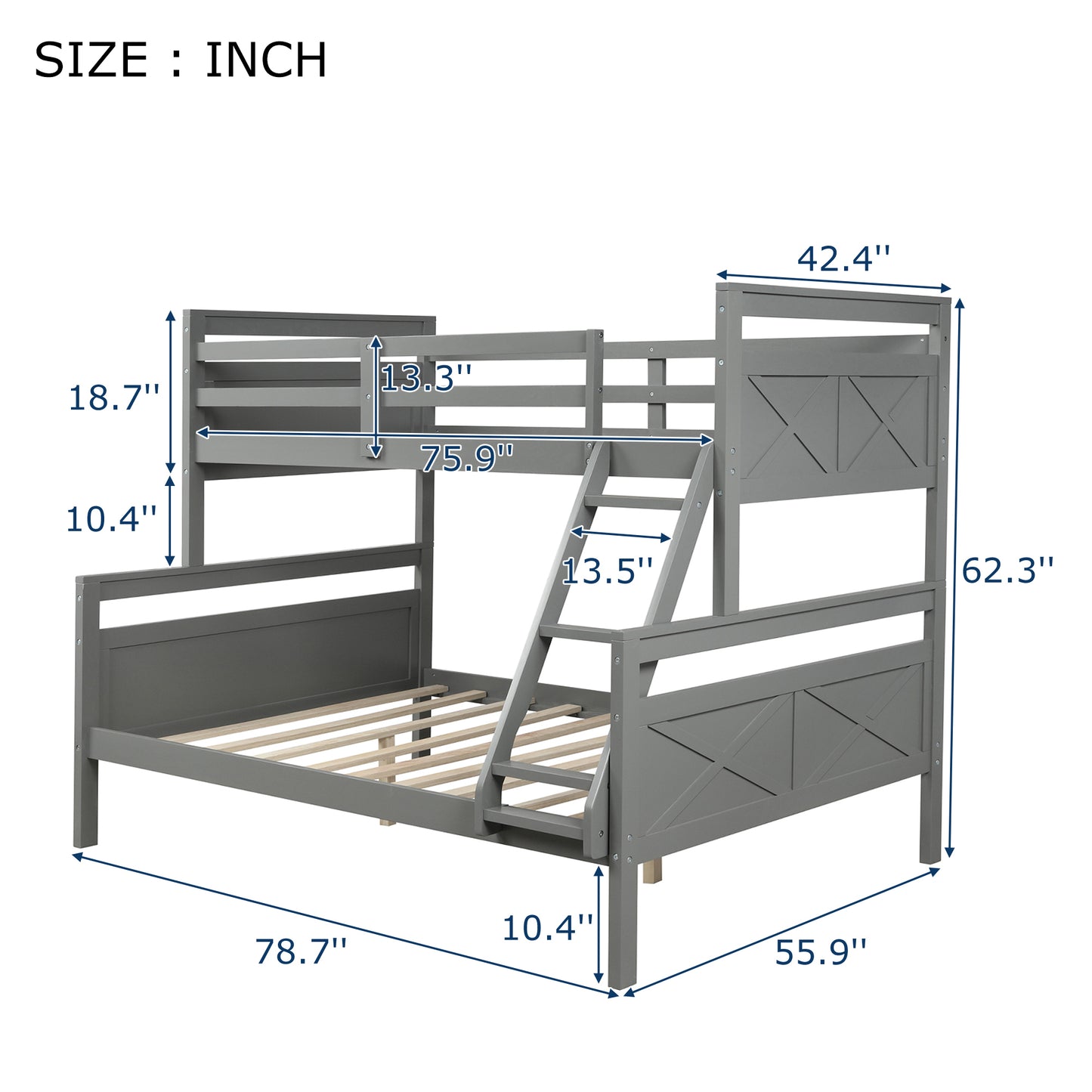 Twin over Full Bunk Bed with ladder, Safety Guardrail, Perfect for Bedroom, Gray