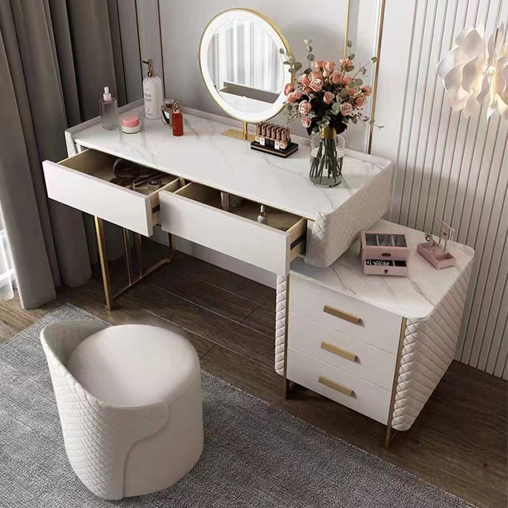 Luxury Makeup Vanity Set with LED Lighted Mirror, Side Cabinet and 5 Drawers, Modern Sintered Stone Dressing Table with Stool, 31.5", White