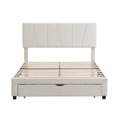 Queen Size Upholstery Platform Bed with One Drawer,Adjustable Headboard, Beige