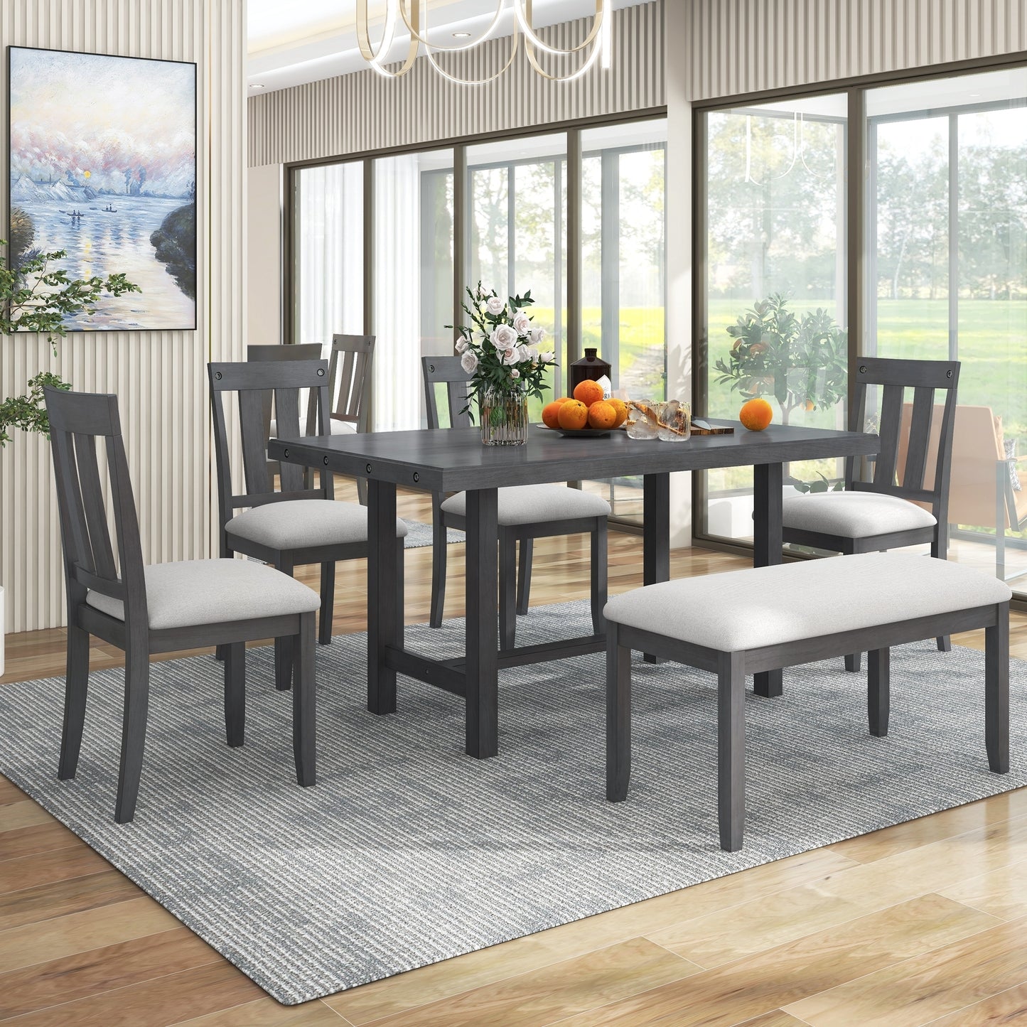 TREXM Rustic Farmhouse 6-Piece Wooden Rustic Style Dining Set, Including Table, 4 Chairs & Bench (Gray)