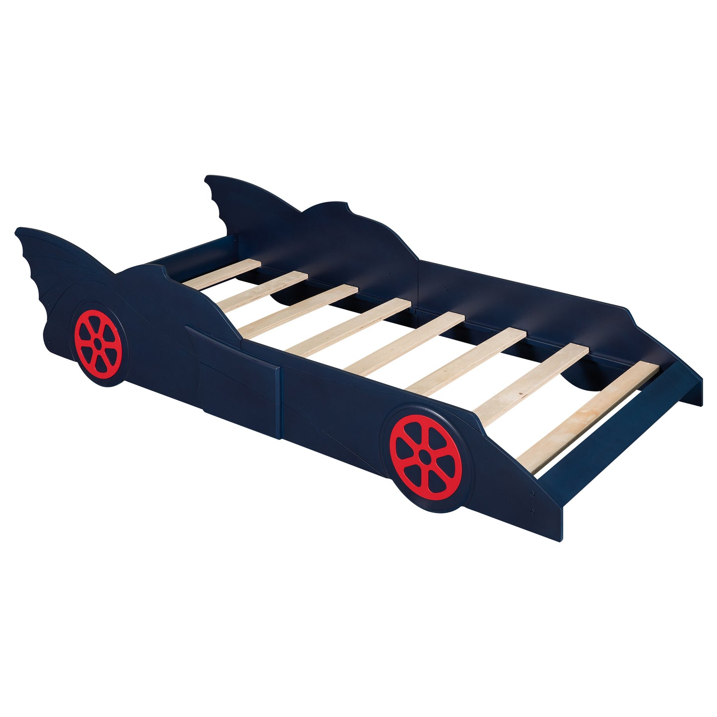 Twin Size Race Car-Shaped Platform Bed with Wheels,Blue+Red