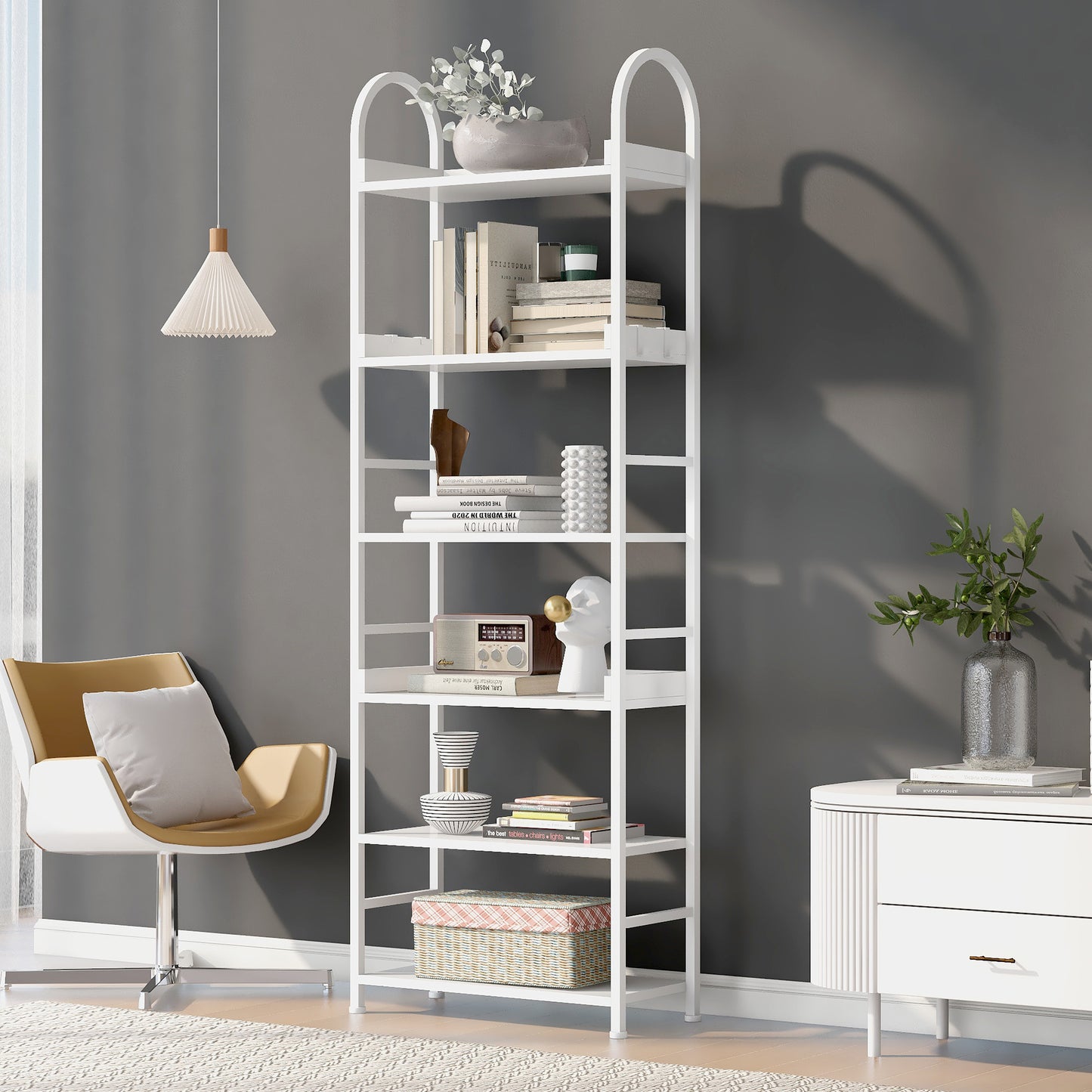 70.8 Inch Tall Bookshelf, 6-tier Shelves with Round Top Frame, MDF Boards, Adjustable Foot Pads, White