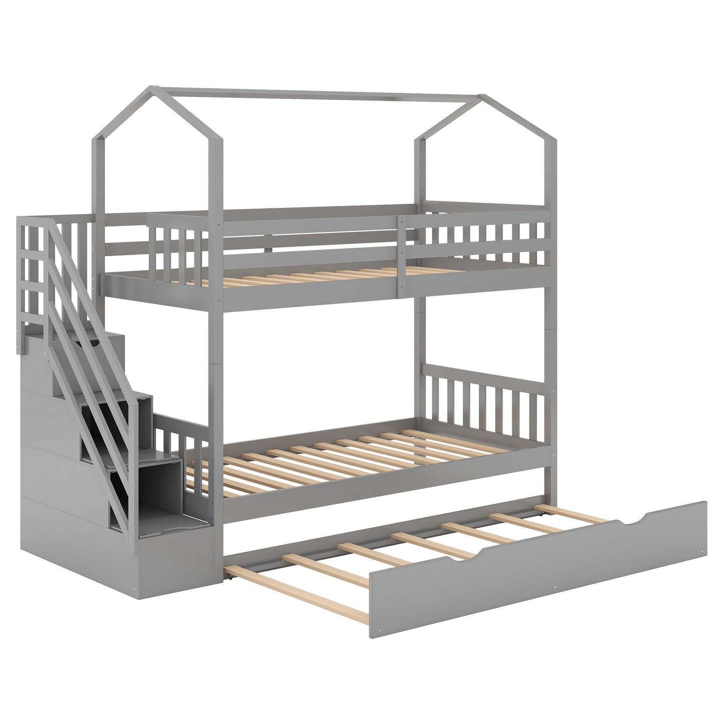 Multifunctional Twin over Twin House Bunk Bed with Staircase and Storage Space,Gray