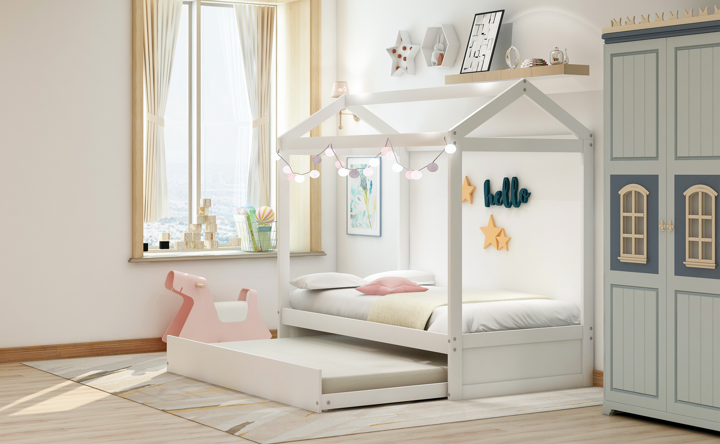 House Bed with Trundle, can be Decorated,White(Old SKU:SM000103AAK)