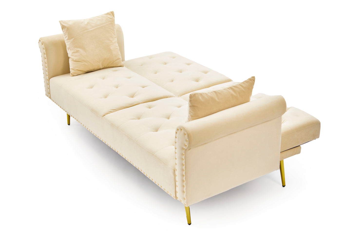 Beige velvet nail head sofa bed with throw pillow and midfoot