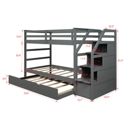 Twin-Over-Twin Bunk Bed with Twin Size Trundle and 3 Storage Stairs (Gray)