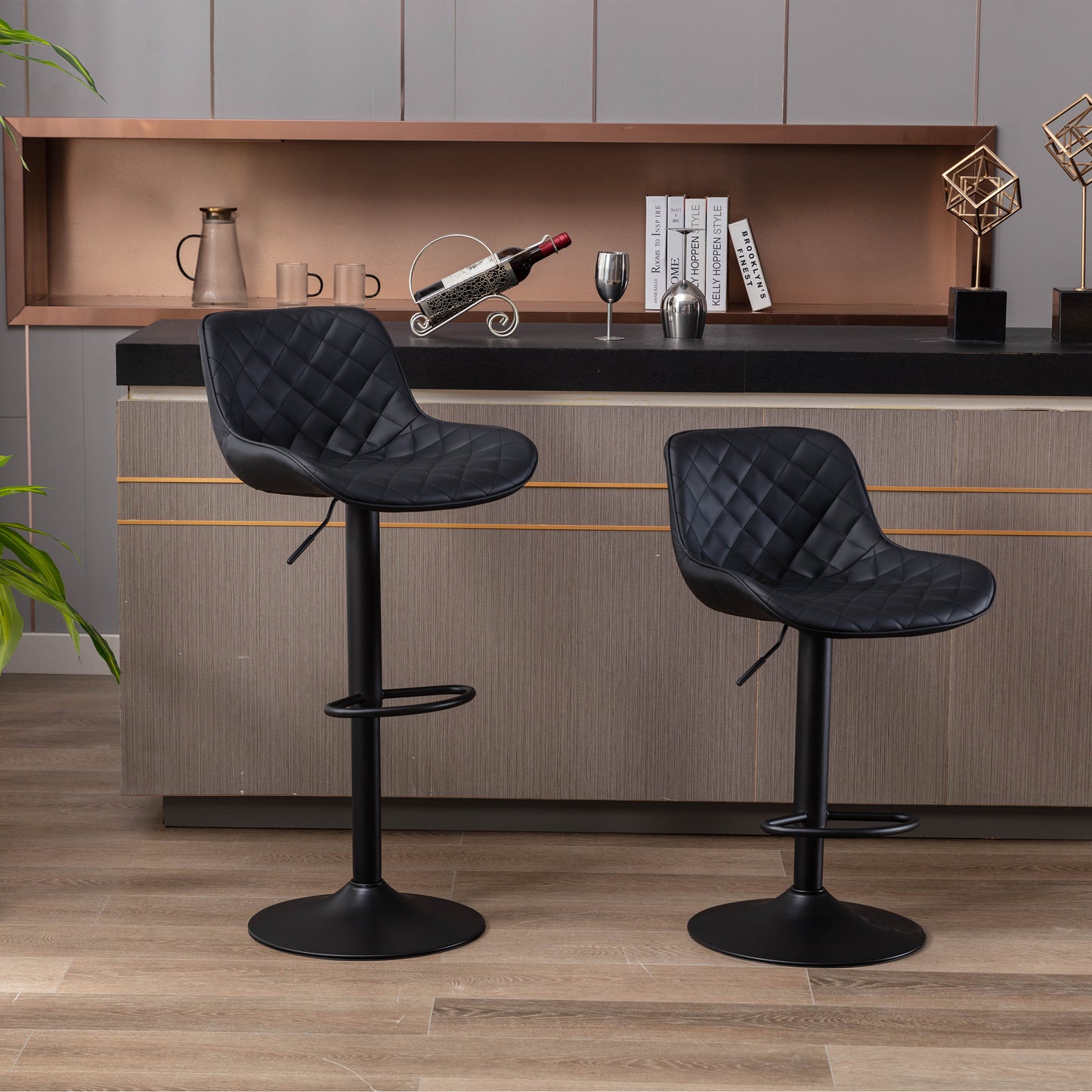 Set of 2  Bar Stools,Black Footrest and Base Swivel Height Adjustable Mechanical Lifting PU + Black Leg Simple Bar Stool-black