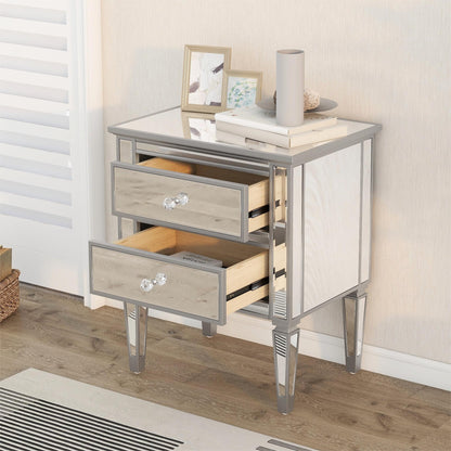 Elegant Mirrored Nightstand with 2 Drawers, Modern Silver Finished End Table Side Table for Living Room Bedroom