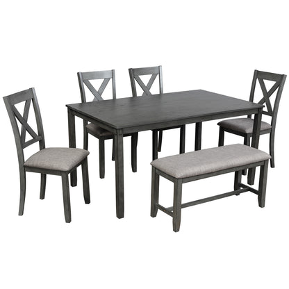 TREXM 6-Piece Kitchen Dining Table Set Wooden Rectangular Dining Table, 4 Dining Chairs and Bench Family Furniture for 6 People (Grey)