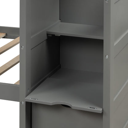 Twin over Full/Twin Bunk Bed, Convertible Bottom Bed, Storage Shelves and Drawers, Gray