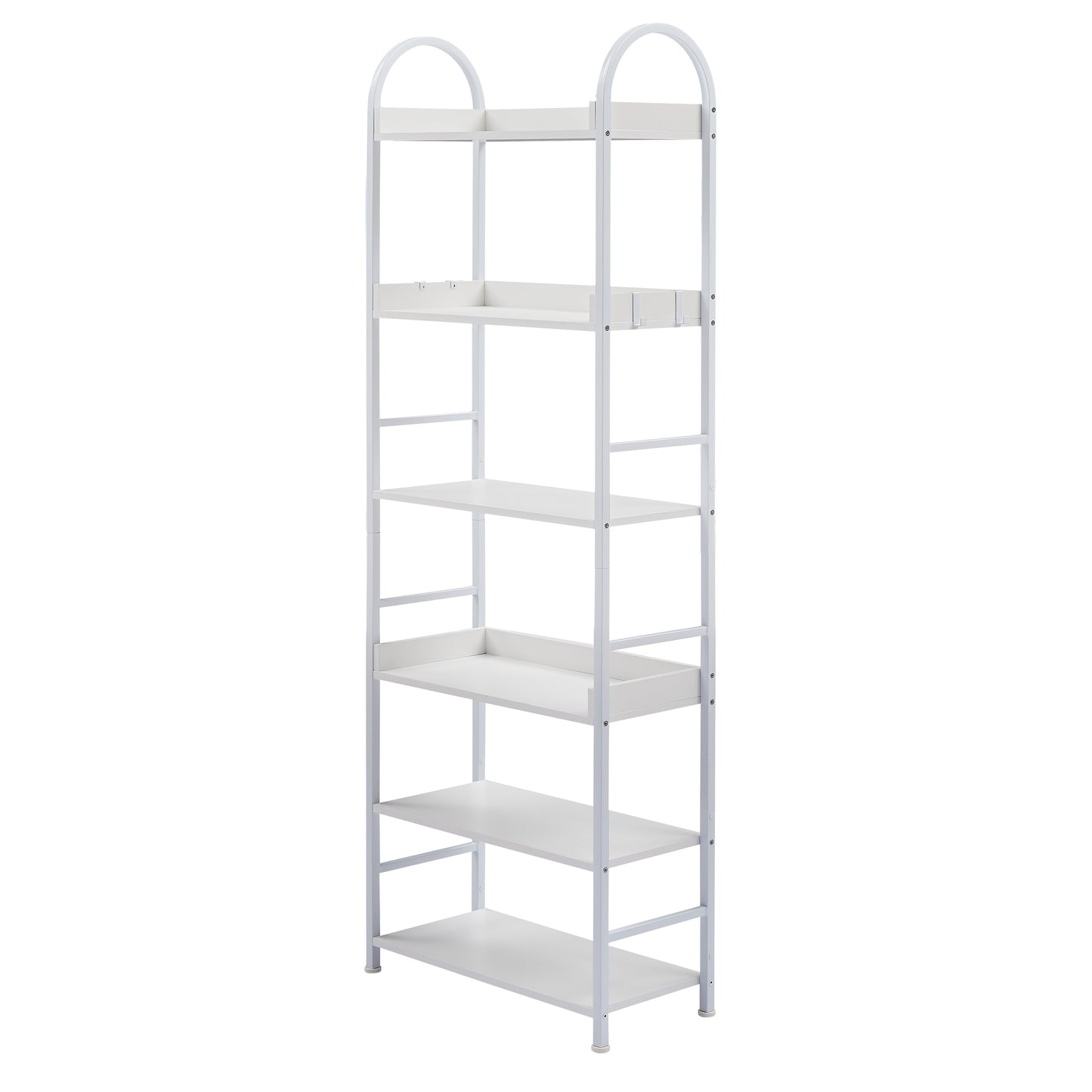 70.8 Inch Tall Bookshelf, 6-tier Shelves with Round Top Frame, MDF Boards, Adjustable Foot Pads, White