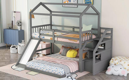 Twin over Full House Bunk Bed with Convertible Slide and Storage Staircase,Full-Length Guardrail,Gray