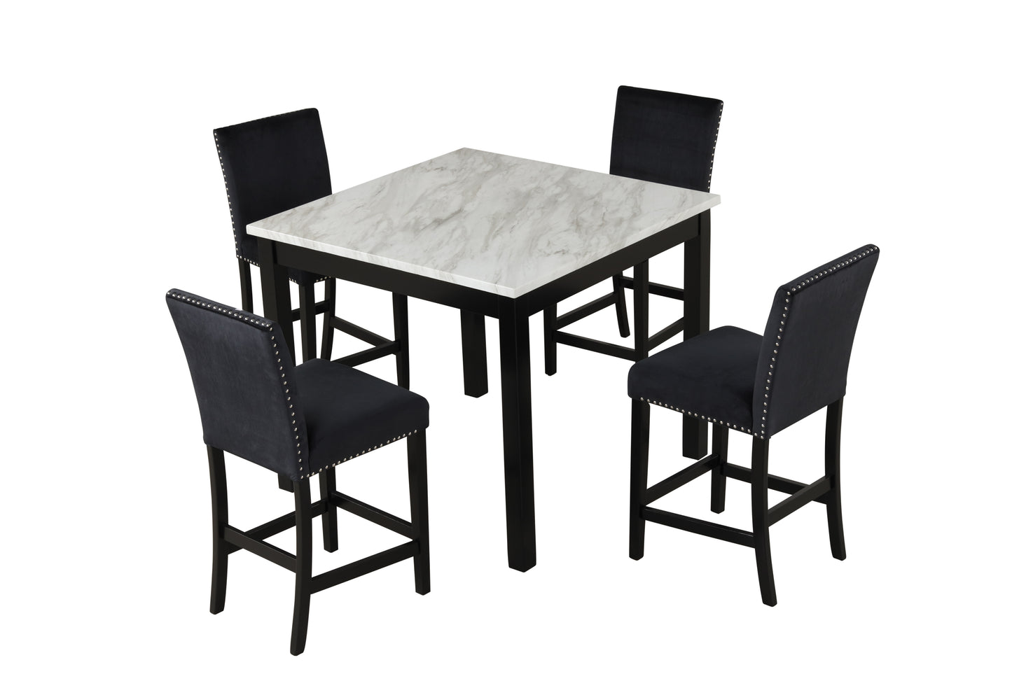 5-piece Counter Height Dining Table Set with One Faux Marble Dining Table and Four Upholstered-Seat Chairs， for Kitchen and Living room ,Table : 42" L x42" Wx36"H,Chair: 18.5" Lx23.2" Dx39.8" H,Black