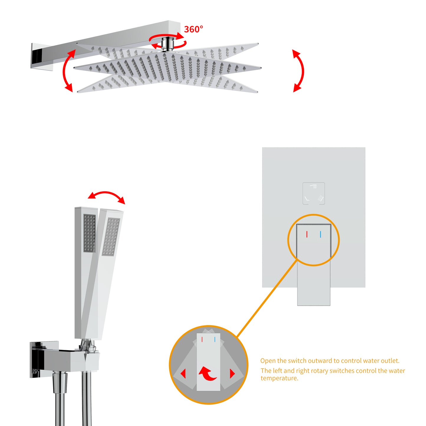 Shower System, Ultra-thin Wall Mounted Shower Faucet Set for Bathroom, Stainless Steel Rain Shower head Handheld Shower Set, 12 inch square large panel, Chrome