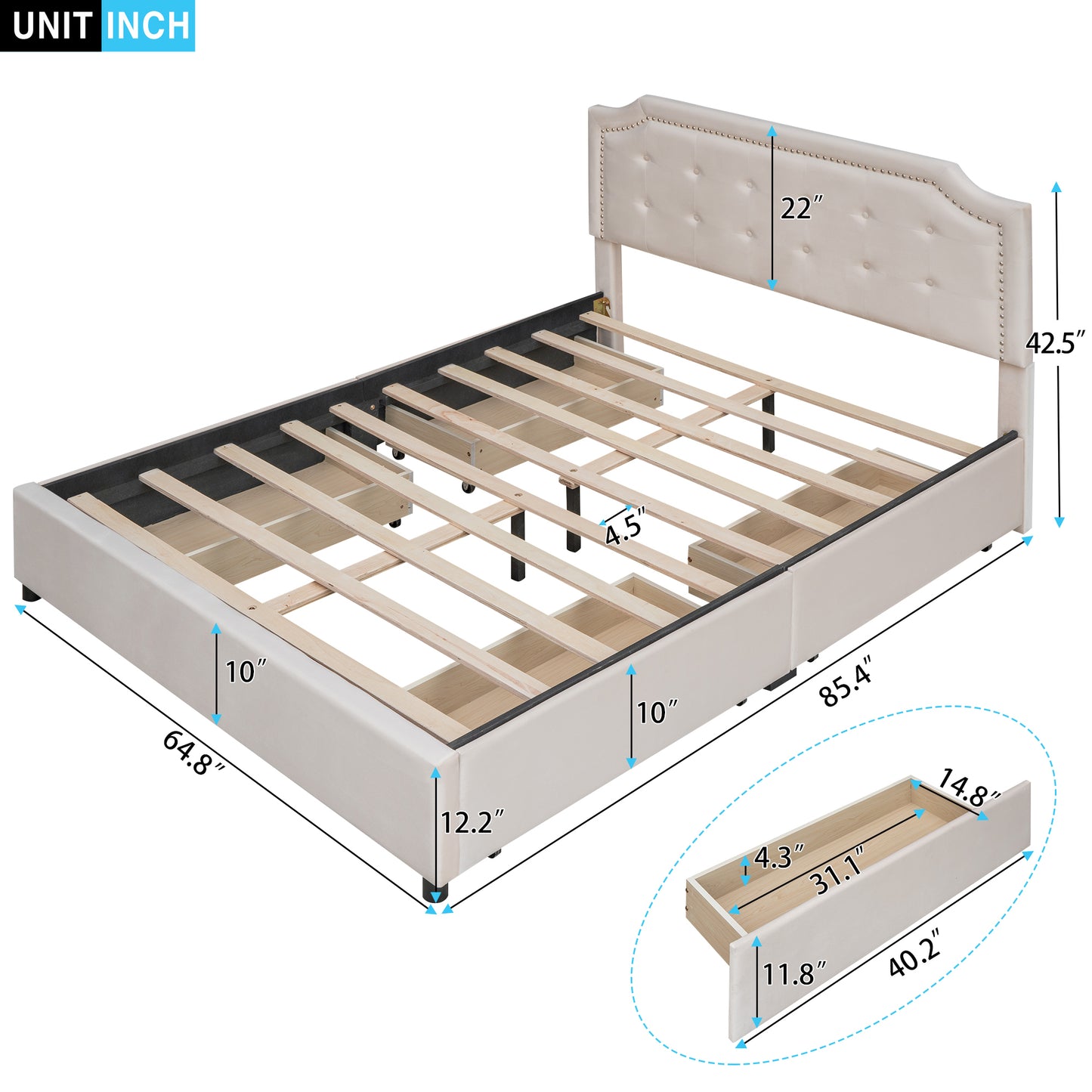 Upholstered Platform Bed with Classic Headboard and 4 Drawers, No Box Spring Needed, Velvet Fabric, Queen Size Beige