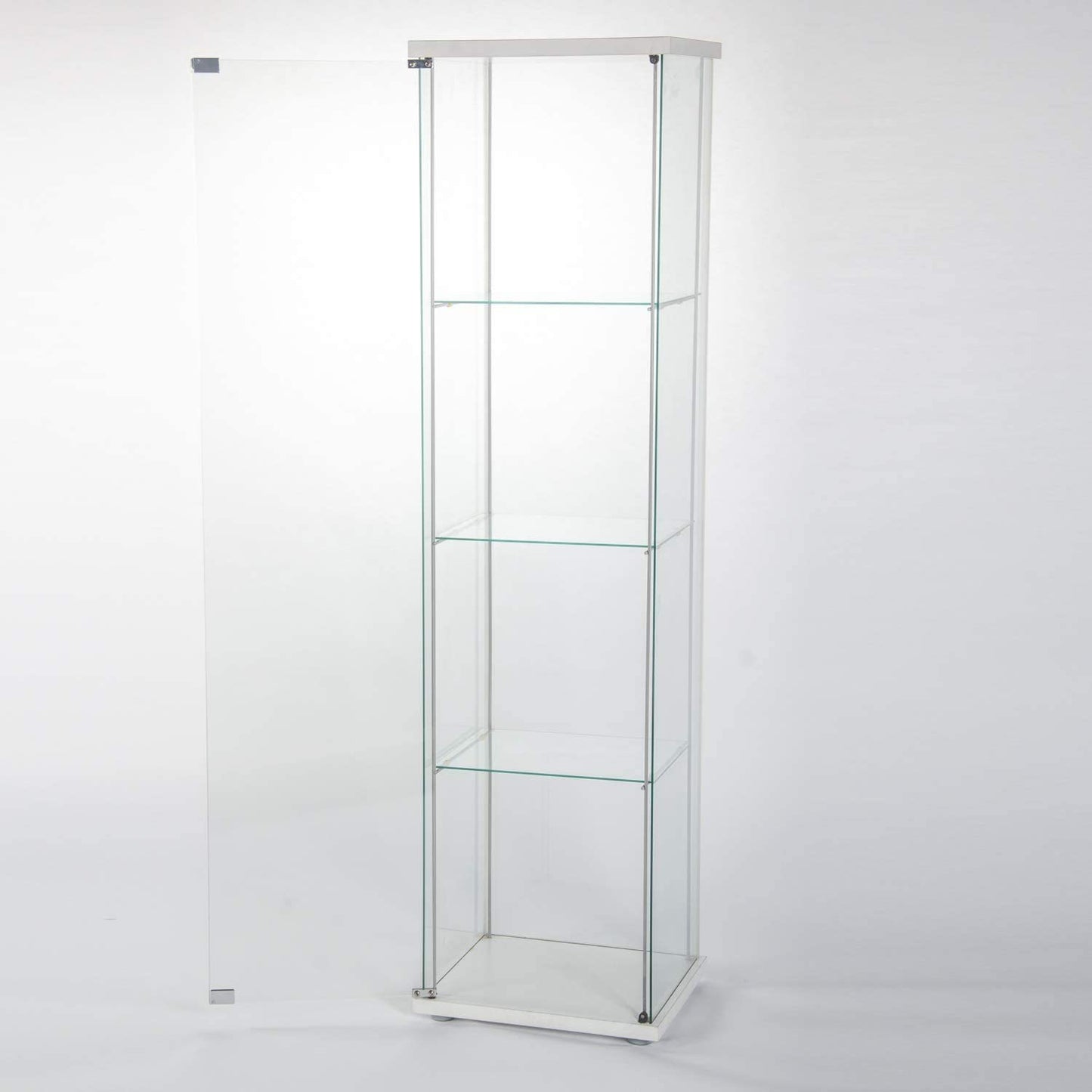 Glass Cabinet-w       Glass Display Cabinet 4 Shelves with Door, Floor Standing Curio Bookshelf for Living Room Bedroom Office, 64” x 17”x 14.5”, White