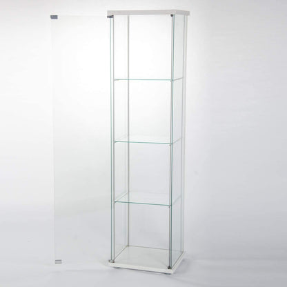 Glass Cabinet-w       Glass Display Cabinet 4 Shelves with Door, Floor Standing Curio Bookshelf for Living Room Bedroom Office, 64” x 17”x 14.5”, White