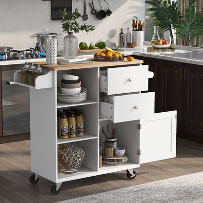 K&K Store Kitchen Cart on 4 Wheels with 2 Drawers and 3 Open Shelves, Kitchen Island with Rubber Wood top for Dinning Room, White