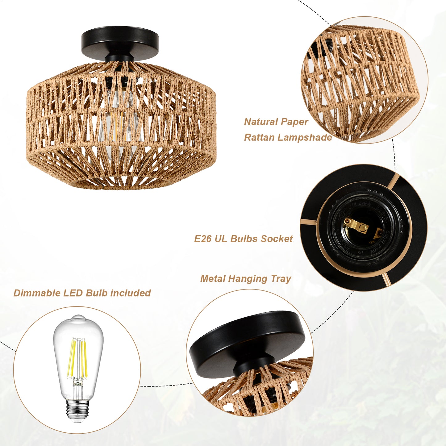 Mini Rattan Flush Mount  Light with Dimmable LED Bulb