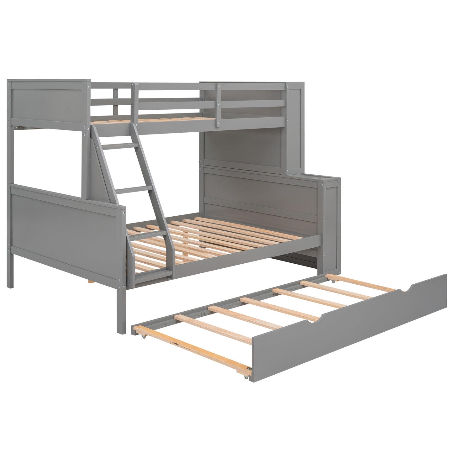 Twin over Full Bunk Bed with Trundle and Shelves, can be Separated into Three Separate Platform Beds, Gray