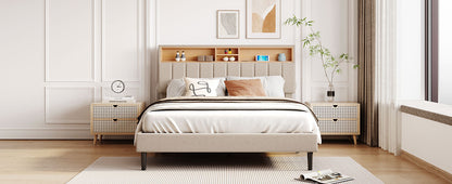 Queen Size Upholstered Platform Bed with Storage Headboard and USB Port,  Linen Fabric Upholstered Bed (Beige)