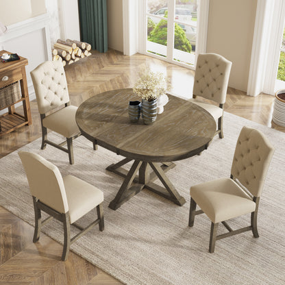 TREXM Functional Furniture Retro Style Dining Table Set with Extendable Table and 4 Upholstered Chairs for Dining Room and Living Room(Natural Wood Wash)