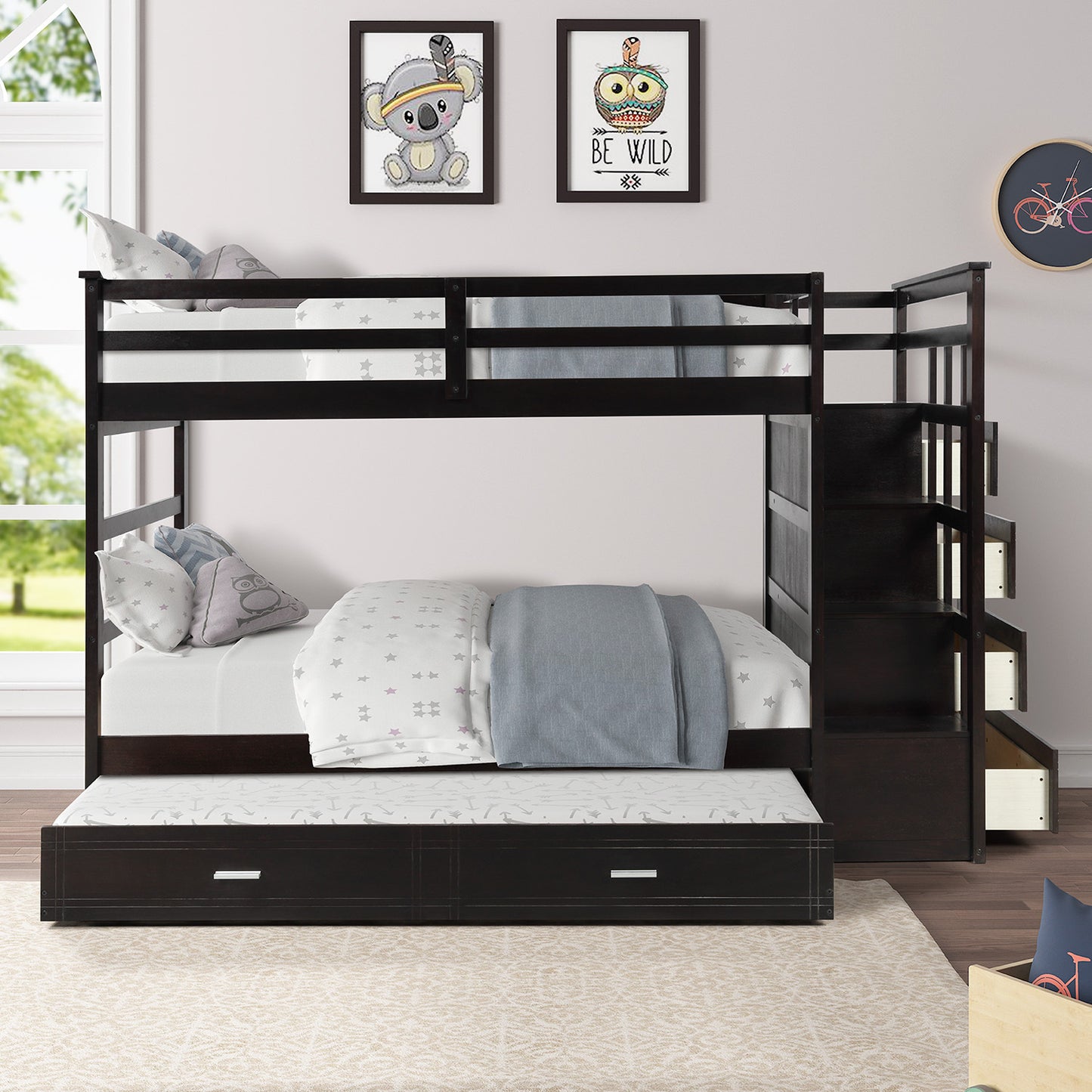 Solid Wood Bunk Bed , Hardwood Twin Over Twin Bunk Bed with Trundle and Staircase, Natural Espresso Finish (OLD SKU: LP000068AAP)