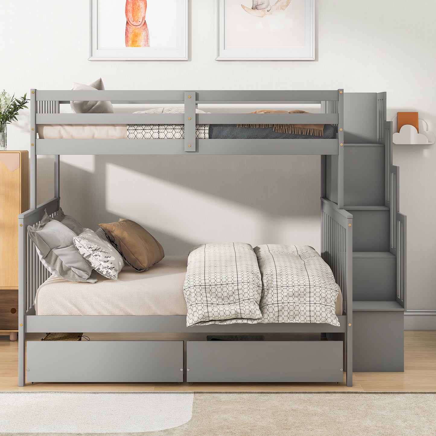 Twin Over Full Bunk Bed with 2 Drawers and Staircases, Convertible into 2 Beds, the Bunk Bed with Staircase and Safety Rails for Kids, Teens, Adults, Grey