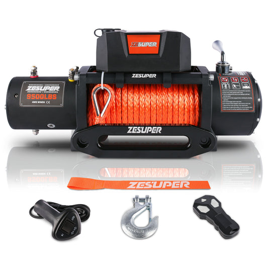 ZESUPER 9500 lbs Electric Winch Kit Waterproof IP67 Electric Winch with Hawse Fairlead, with Both Wireless Handheld Remote and Corded Control Recovery (9500-Rope)