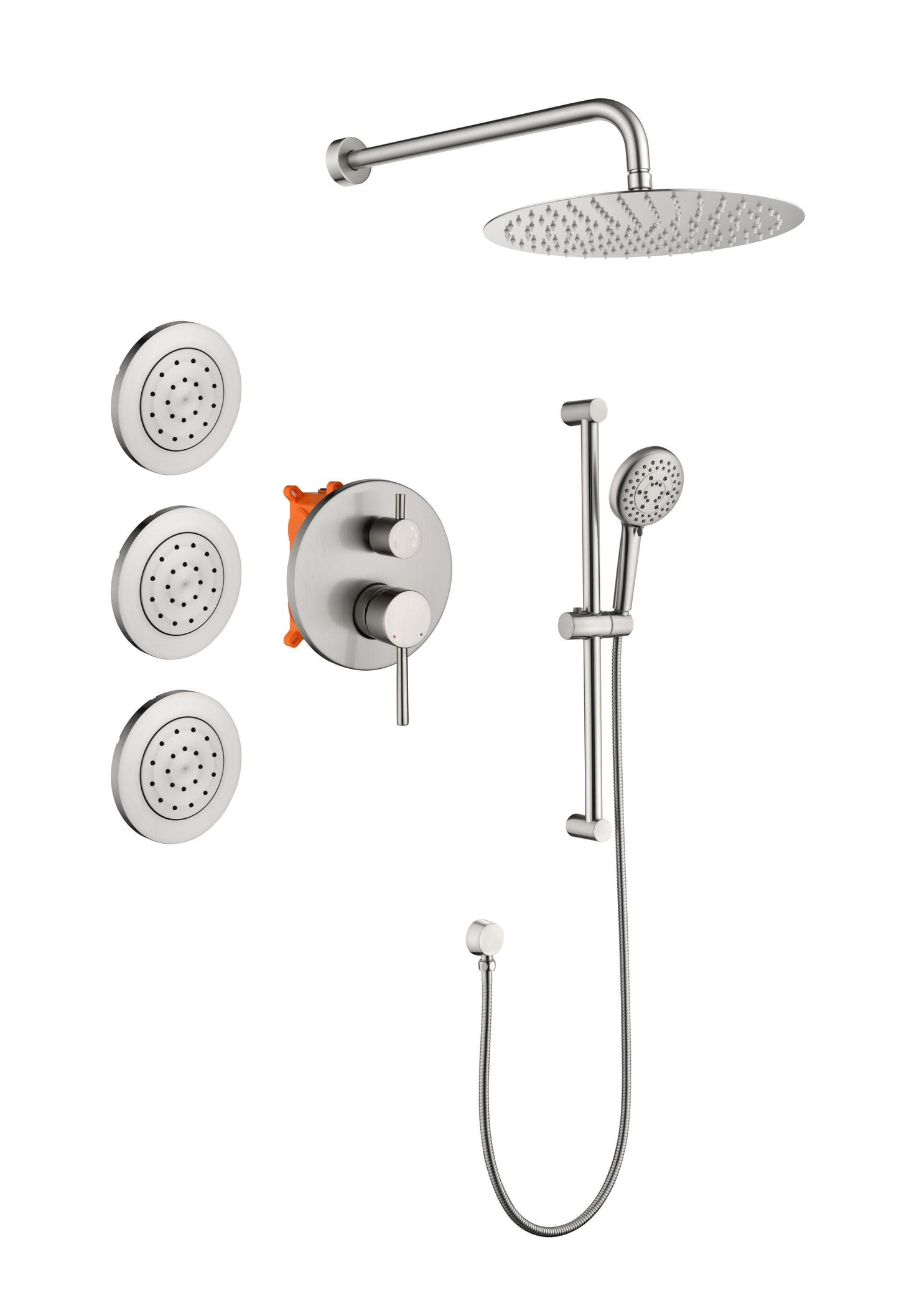 Shower System with Shower Head, Hand Shower, Slide Bar, Bodysprays, Shower Arm, Hose, Valve Trim, and Lever Handles