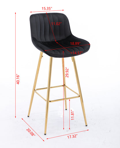 30 inch Set of 2 Bar Stools,with Chrome Footrest Velvet Fabric Counter Stool Golden Leg Simple High Bar Stool,black