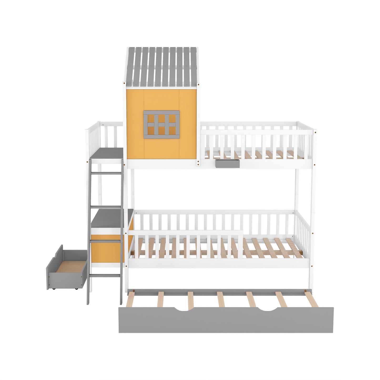 Twin over Twin Bunk Bed with Twin Size Trundle , Farmhouse Bed with Storage Box and Drawer - Yellow