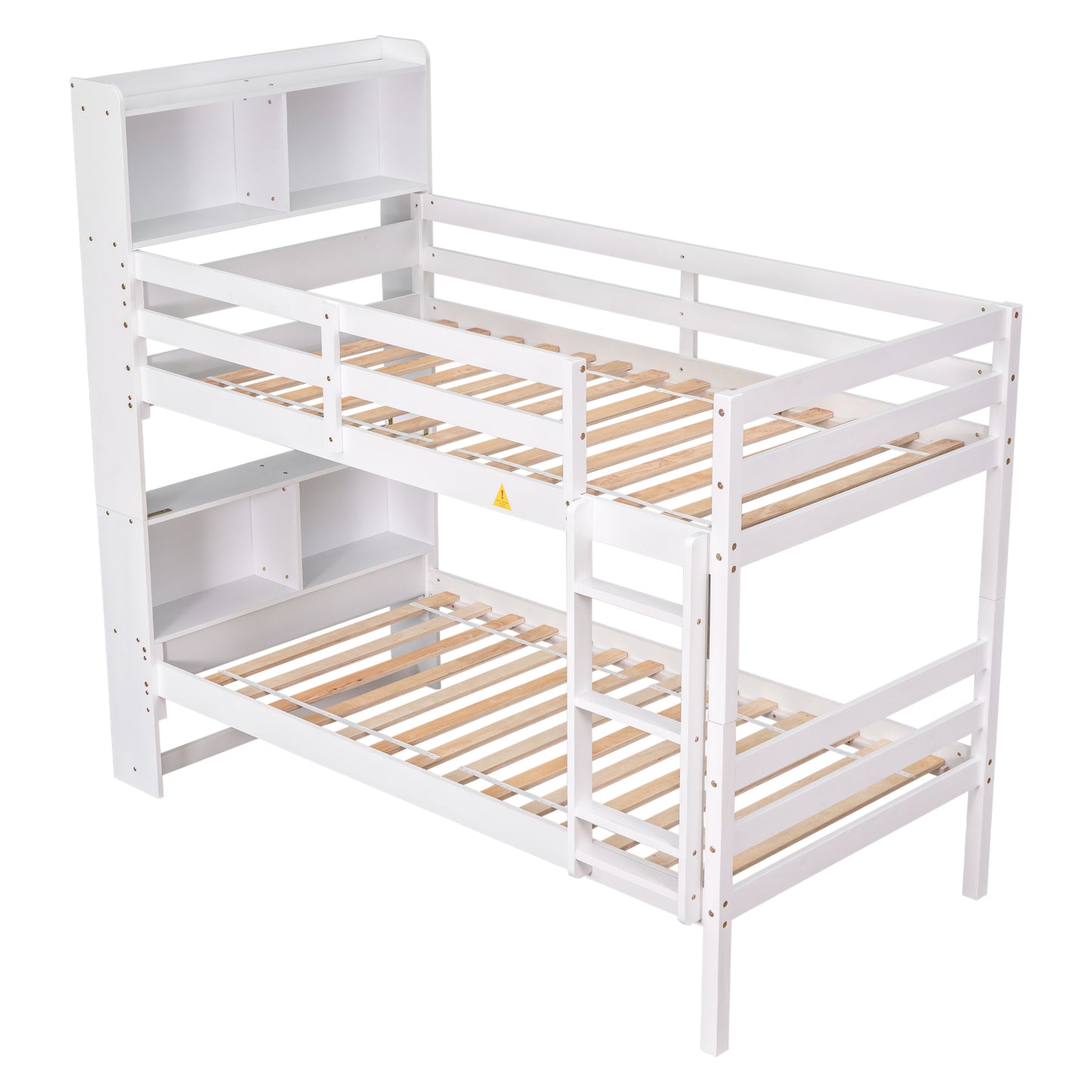 Twin Over Twin Bunk Beds with Bookcase Headboard, Solid Wood Bed Frame with Safety Rail and Ladder, Kids/Teens Bedroom, Guest Room Furniture, Can Be converted into 2 Beds, White