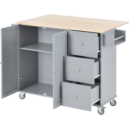 Rolling Mobile Kitchen Island with Solid Wood Top and Locking Wheels，52.7 Inch Width，Storage Cabinet and Drop Leaf Breakfast Bar，Spice Rack, Towel Rack & Drawer （Grey Blue）