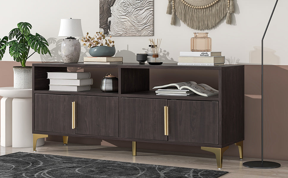 TREXM 58” L Sideboard with Gold Metal Legs and Handles Sufficient Storage Space Magnetic Suction Doors (Espresso)