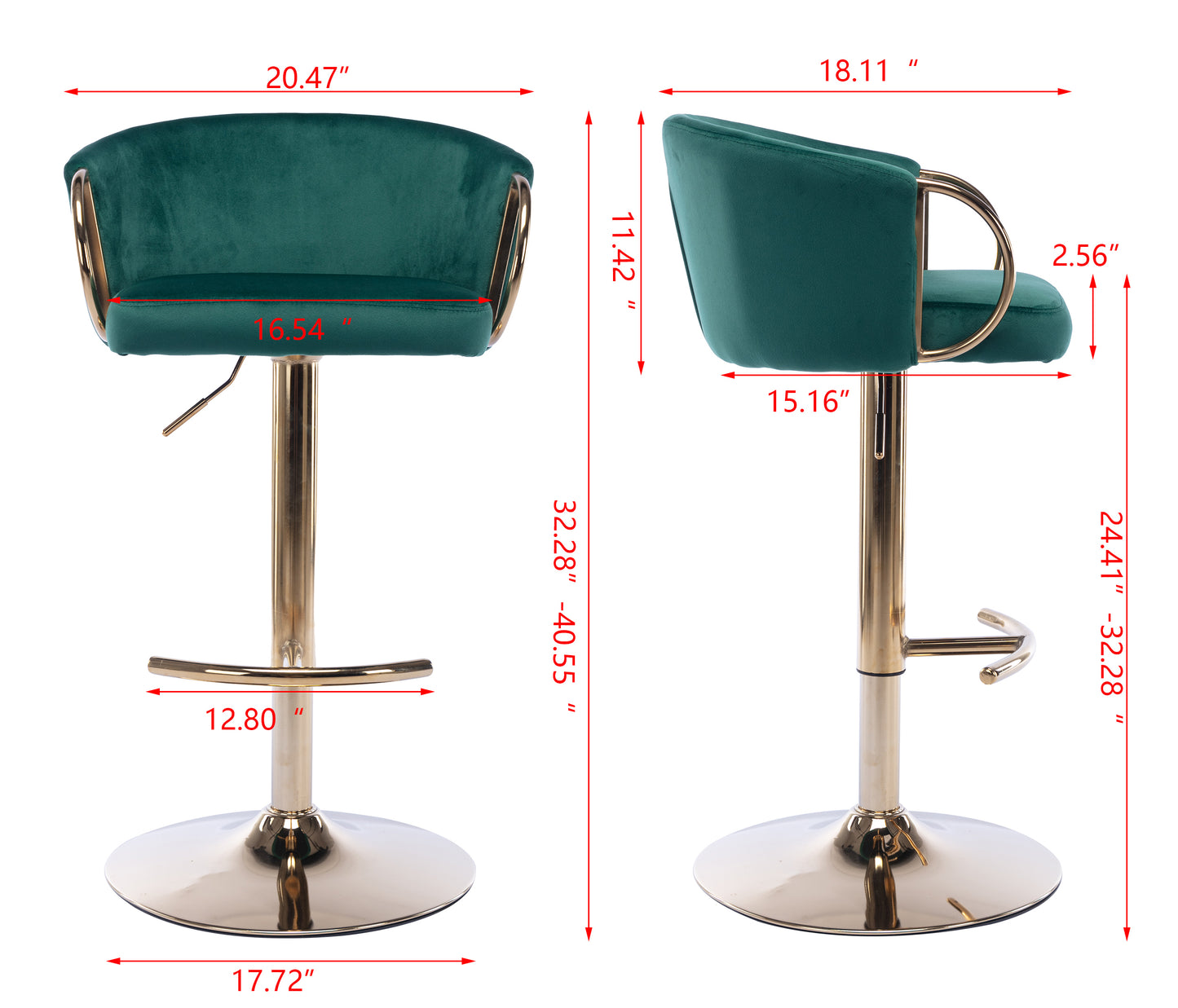 Set of 2  Bar Stools,with Chrome Footrest and Base Swivel Height Adjustable Mechanical Lifting Velvet + Golden Leg Simple Bar Stool-Green