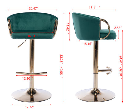 Set of 2  Bar Stools,with Chrome Footrest and Base Swivel Height Adjustable Mechanical Lifting Velvet + Golden Leg Simple Bar Stool-Green