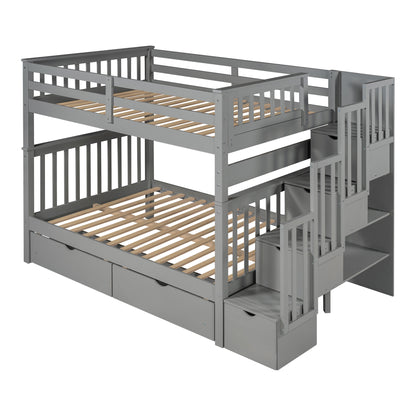 Full Over Full Bunk Bed with Shelves and 6 Storage Drawers, Gray(Old SKU：LP000046AAE)