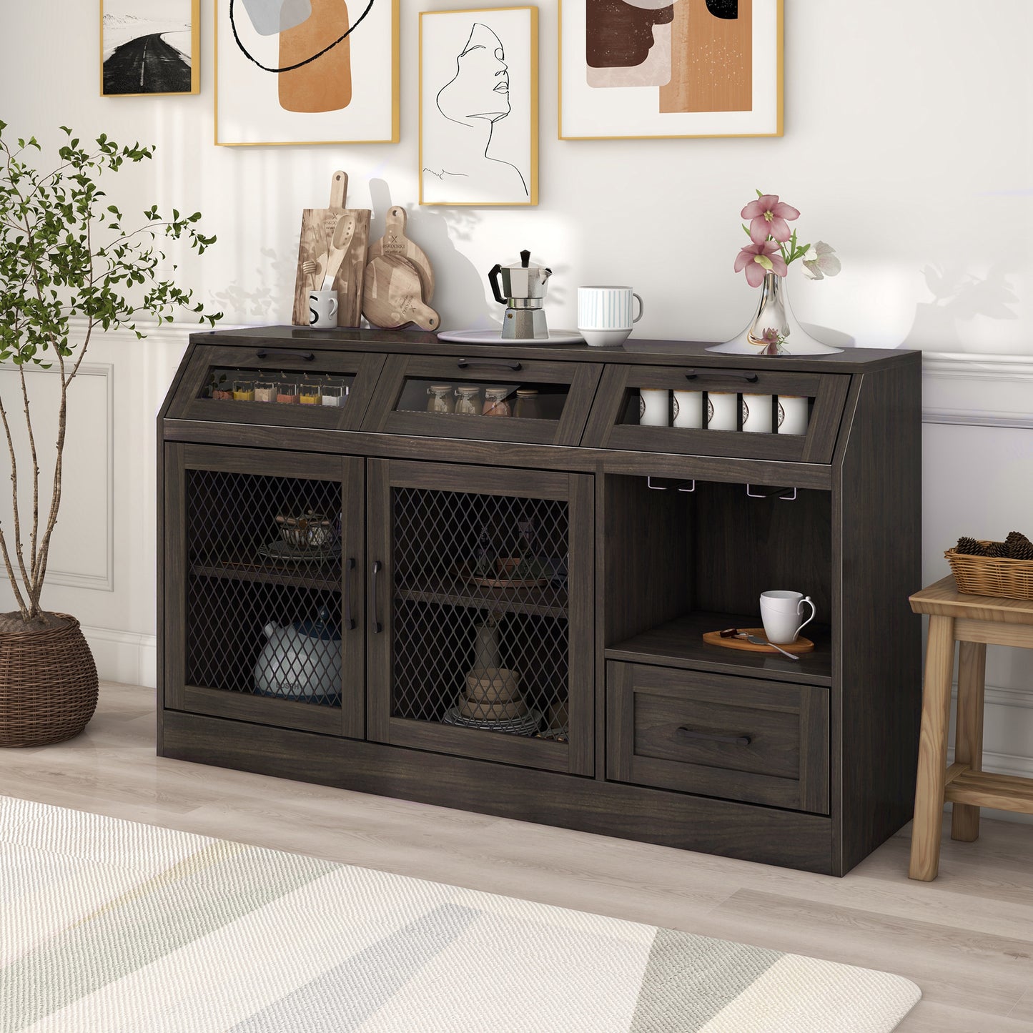 TREXM Kitchen Sideboard Multifunctional Buffet Cabinet with 4 Drawers, Mesh Metal Doors with Adjustable Shelves and Wineglass Holders (Espresso)