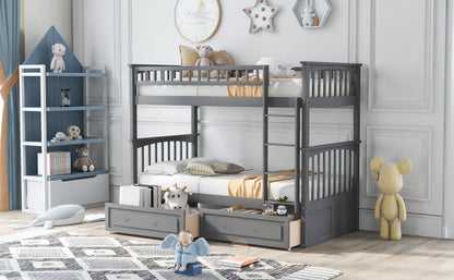 Twin over Twin Bunk Bed with Drawers, Convertible Beds, Gray