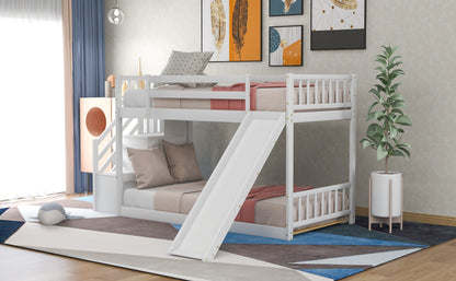 Twin over Twin Bunk Bed with Convertible Slide and Stairway, White