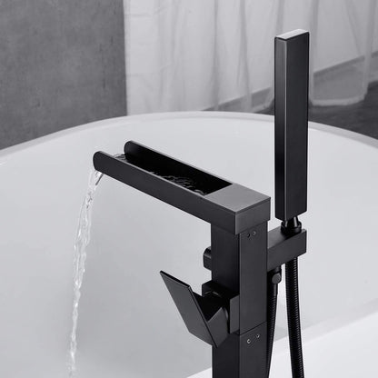 Bathroom Freestanding Waterfall Tub filler Matte Black Floor Mount Faucet with Hand Shower