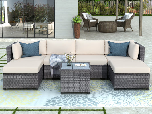 U_Style 7 Piece Rattan Sectional Seating Group with Cushions, Outdoor Ratten Sofa NEW!