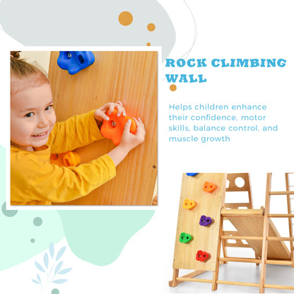 Wooden Indoor Kids Playground Jungle Gym with Slide, Toddlers Wooden Climber 8-in-1 Slide Playset, Wooden Rock Climbing Wall with Rope Wall Climb, Monkey Bars, and Swing for Kids