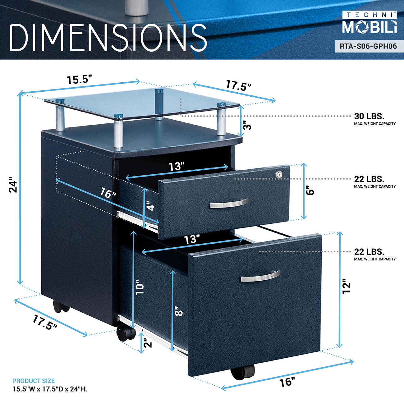 Techni Mobili Rolling File Cabinet with Glass Top, Graphite