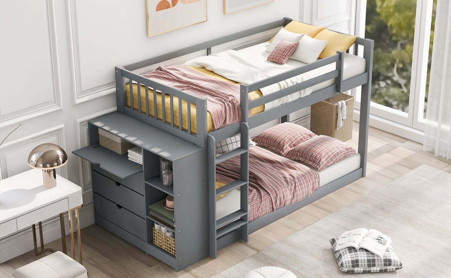 Twin over Twin Bunk Bed with Attached Cabinet and Shelves Storage ,Gray (OLD SKU:GX000513AAE)