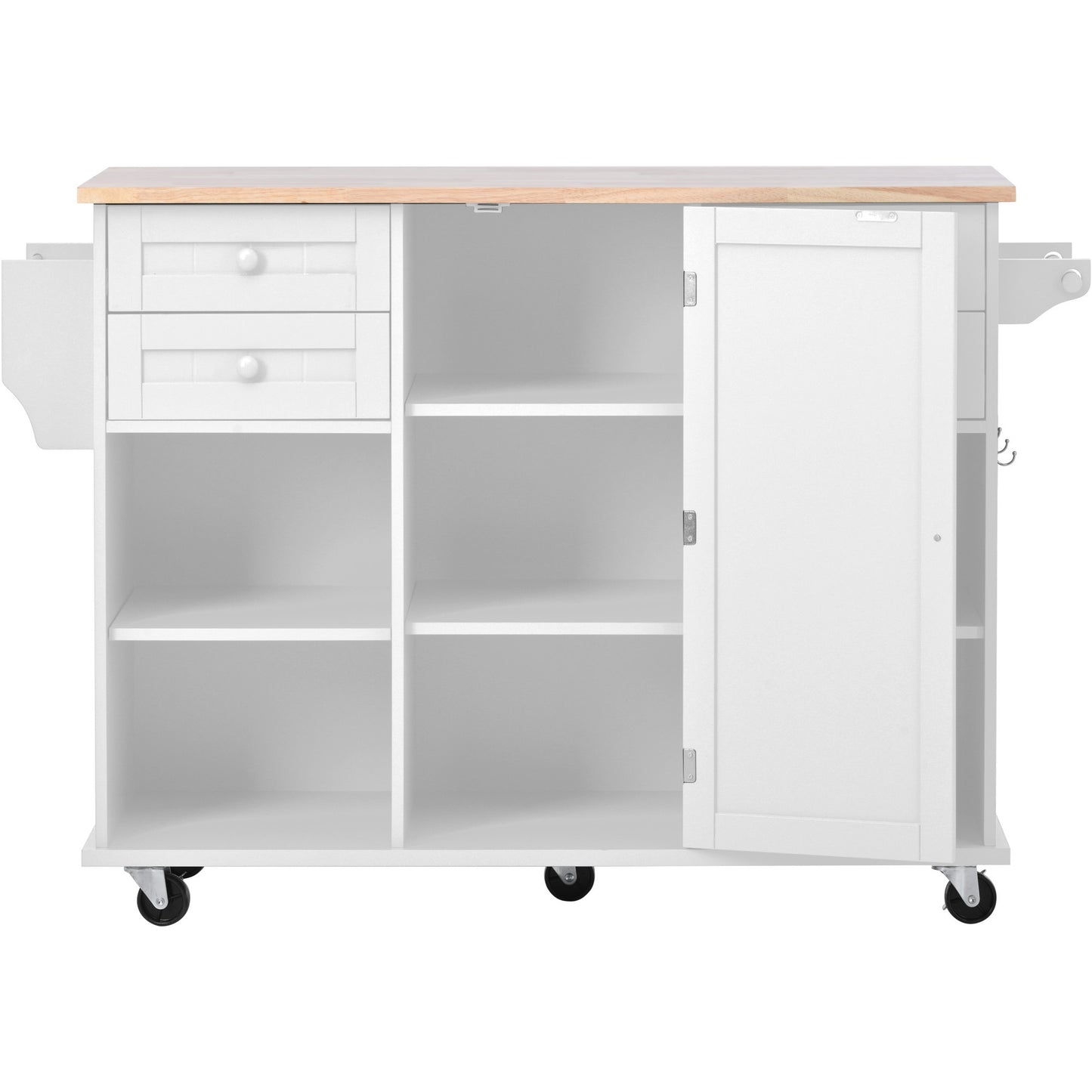 K&K kitchen island cart with Spice Rack, Towel Rack & Drawer,Rubber wood desktop,5 wheels including 4 lockable wheels,52.8inch width (White)